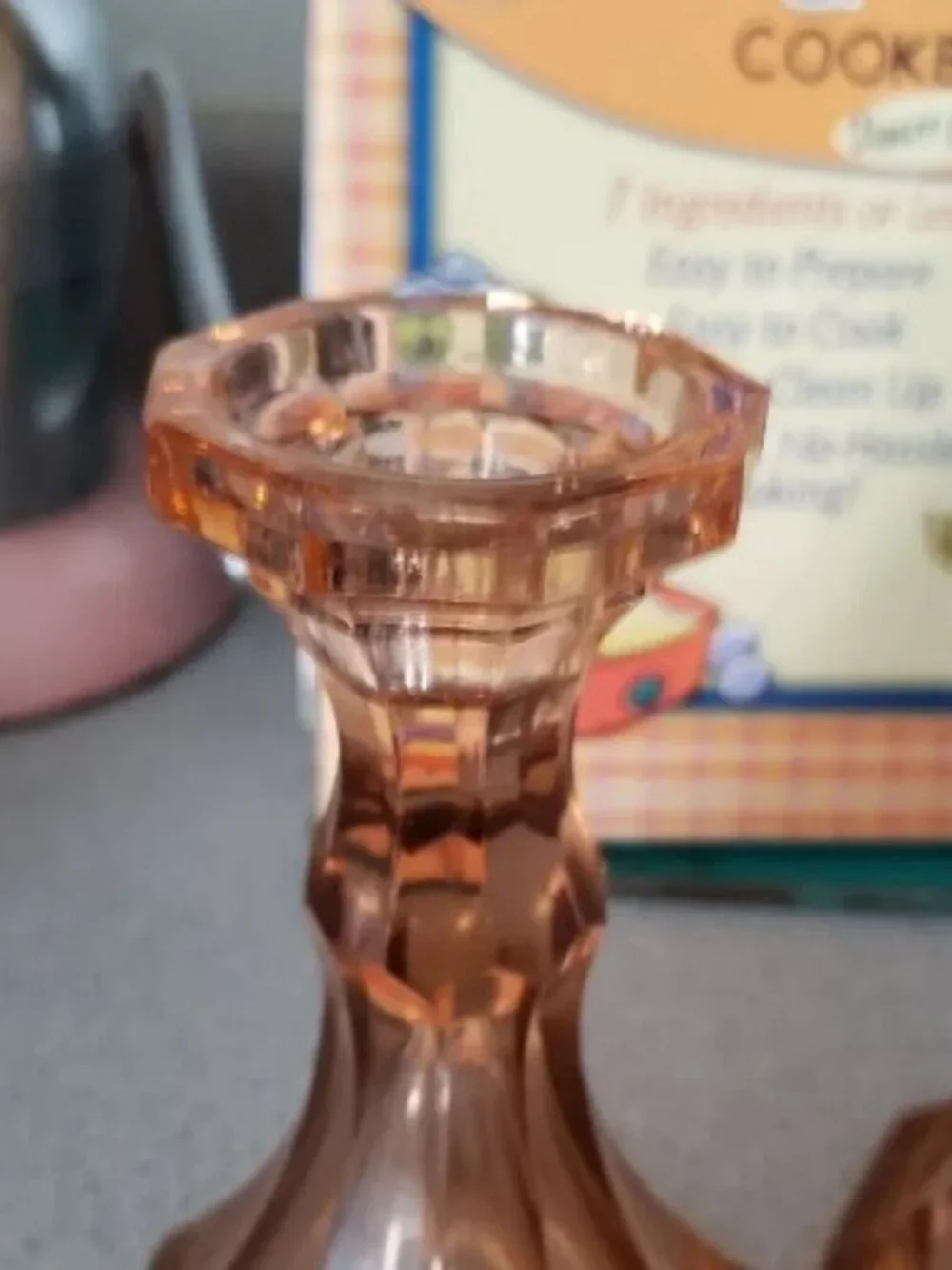 2 Peach Vintage FOSTORIA GLASS Heavy Pressed Glass CANDLESTICK HOLDERS